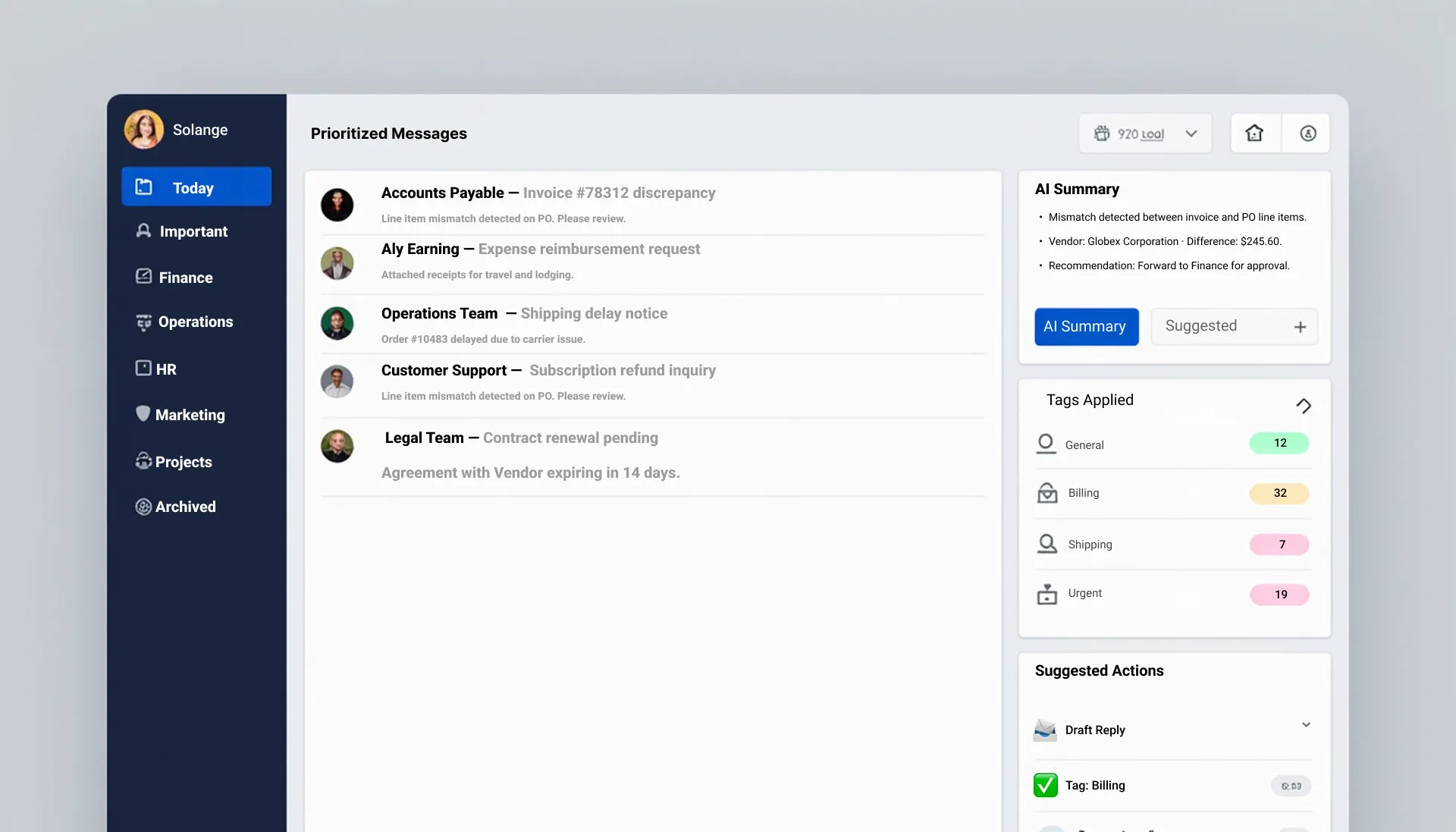Operations inbox with AI triage and suggested draft reply