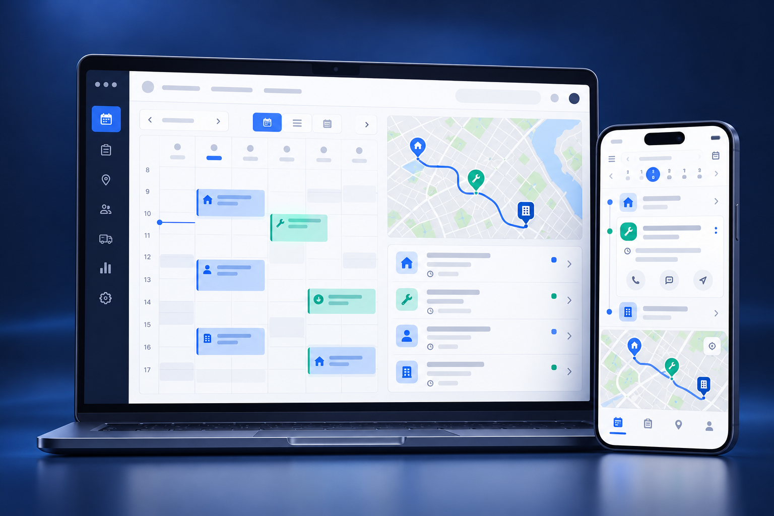 Illustration of a desktop and mobile app with matching schedules and route maps.
