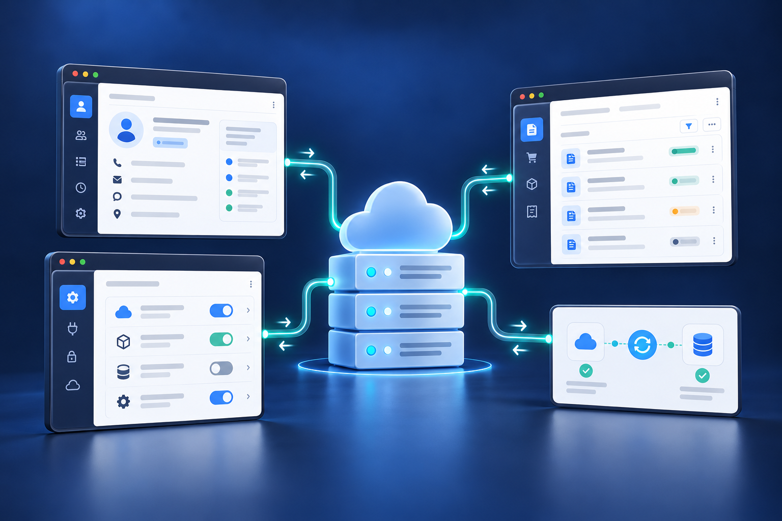 Illustration of customer records, documents and app settings connected to a cloud hub.