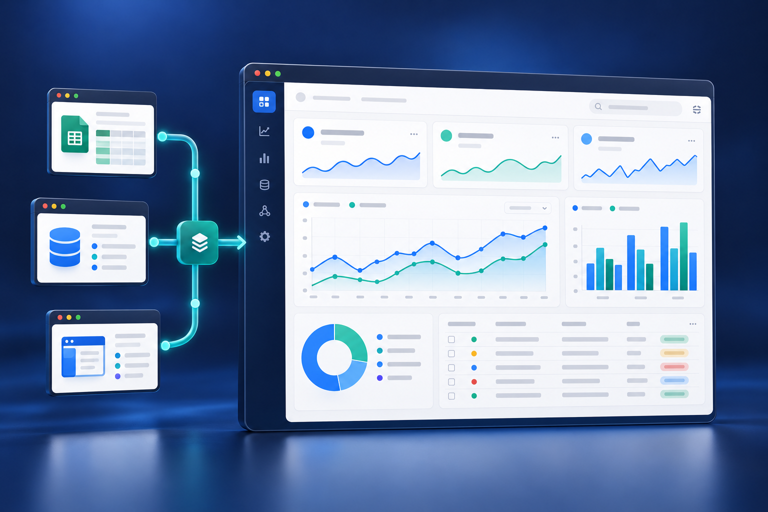 Illustration of spreadsheets, databases and apps feeding an analytics dashboard.