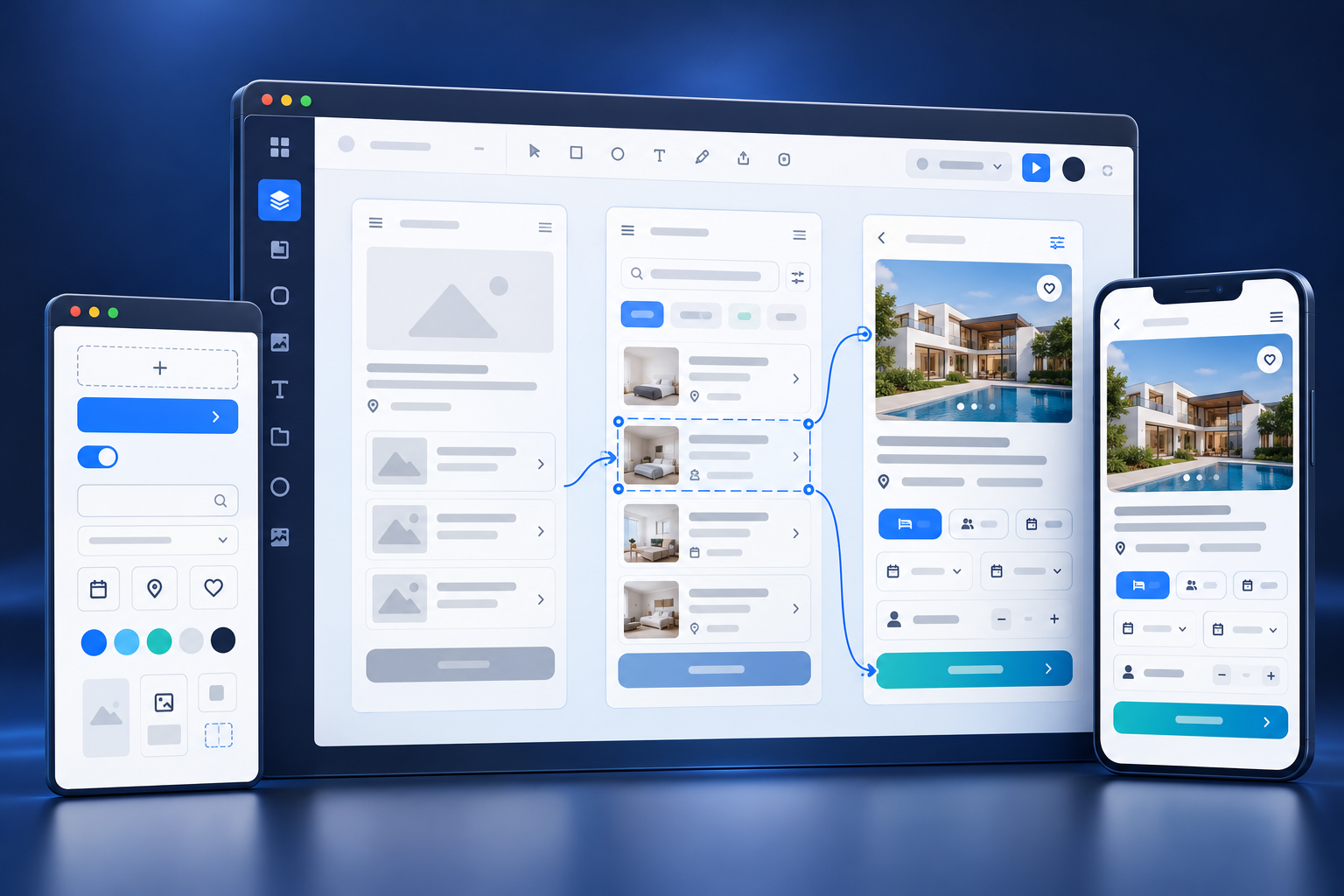Illustration of a design canvas connecting wireframes to finished app screens.