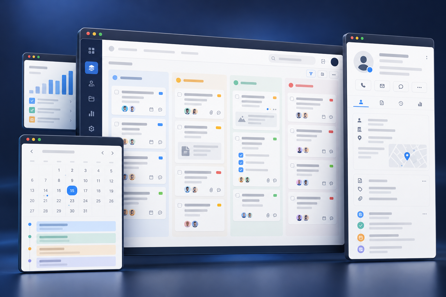 Illustration of custom software with workflow, calendar and customer panels.